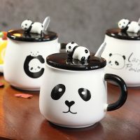 {Gzyh}Panda ถ้วยกาแฟเซรามิกสามมิติพร้อมฝาปิดช้อนการ์ตูนน่ารักสุดสร้างสรรค์แก้วเบลดเครื่องดื่มนมอาหารเช้า