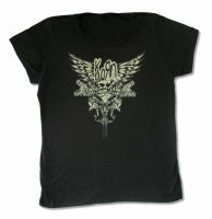 [หรูหรา] เสื้อยืดสีดำ Korn Skull Wings Girls Juniors New Band Merch ปรับแต่งเสื้อยืด