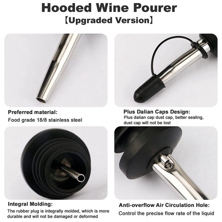 liquor-pourers-stainless-steel-bottle-pourers-tapered-spout-with-siamese-rubber-dust-caps-3-4inch-bottle-mouth