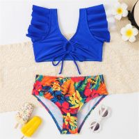 7-14 Years Floral Girl Swimsuit Kids Ruffle Shoulder Bikini Set Ruched Tie Front Two Piece Children 39;s Swimwear Teen Bathing Suit