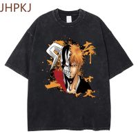 JHPKJVintage Washed T Shirt Anime Kurosaki Ichigo T-shirt BLEACH Tshirt 100% Cotton Hip Hop Streetwear Summer Casual Short Sleev 4XL 5XL 6XL