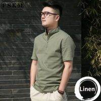 CODHaley Childe Summer Plain Vintage Slim Fit Casual Short Sleeve Shirt Men Stand Collar Cotton Linen Shirt Men Baju Kemeja Lelaki Lengan Pendek