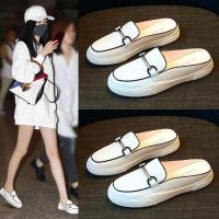 [COD] new Baotou half-slippers female students flat lazy slip-on sandals all-match single shoes white