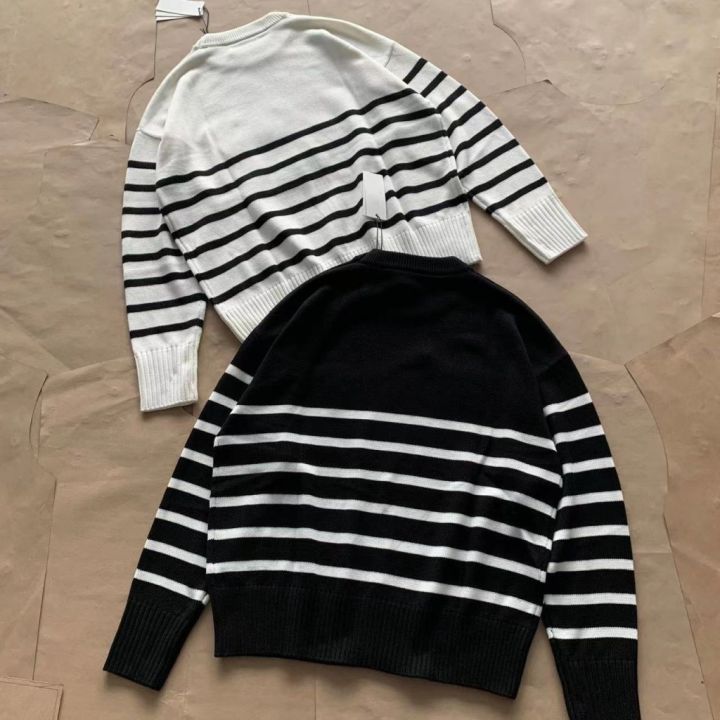 orr7-ami-knitwear-black-and-white-stripes-round-neck-pullover-long-sleeve-simple-loose-casual-couple-fashion-brand