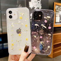 เคสนิ่มลายดอกไม้อบแห้งจริงสำหรับ iPhone 15 14 13 12 11 Pro Max Mini X XS XR 8 7 6S Plus + SE 2020ฝาครอบเคสโทรศัพท์แบบใสโปร่งใสจัดส่งรวดเร็ว