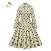 SISHION โบว์คอแขนยาว Vintage Polka Dot Elegant Midi ชุด2023ฤดูใบไม้ผลิฤดูใบไม้ร่วงชุดผู้หญิง50S R กระเป๋าชุด VD3498