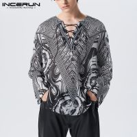 ∋∋ Incerun เสื้อยืด คอวี แขนยาว ผ้าชีฟอง พิมพ์ลาย