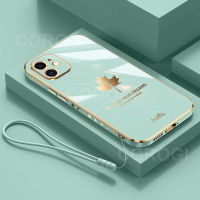 ฝาครอบด้านหลังเป็นป้องกันซิลิโคนอ่อนสำหรับ iPhone 11สายคล้องแบบมีเคสเคลือบ6D เงาวาวกันชนสี่เหลี่ยมใบเมเปิล