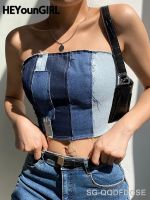 【CW】❏◄  HEYounGIRL Up Backless Jeans Tube Patchwork Strapless Denim Boob Crop Tees Sleeveless Streetwear