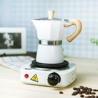 (สีขาว)กาต้มมอคค่าพอท Moka Pot ลายไม้ + เตามินิไฟฟ้าสีขาว 500w