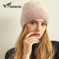 [Hana Clothing Store] VIANOSI ถักหมวกฤดูหนาวผู้หญิงหนาหญิง Beanies หมวกอบอุ่น Rhinestone หมวกขนสัตว์มุกสำหรับผู้หญิง