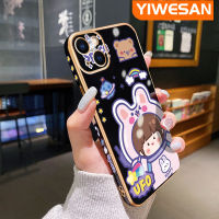 YIWESAN เคสสำหรับ iPhone 14 Pro Max 14 Plus 13 Pro 13 Mini 13 Pro Max เคสการ์ตูนน่ารักรูปนักบินอวกาศสาวด้านข้างชุบเคสมือถือขอบสี่เหลี่ยมใหม่ปลอกซิลิโคนฝาปิดเลนส์กล้องเต็มรูปแบบเคสนิ่มกันกระแทก