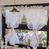 hot.White Lace Sheer Short Curtains for Cafe Kitchen Farmhouse Princess Valance Tier Delicate Ruffled Partition Drapes  2PCS White 1.5*1.5 M