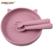 1 3Pcs Baby Soft Silicone Sucker Bowl Plate Cup Bibs Spoon Fork Sets Non