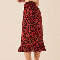 【CW】 2023 Womens Waist Skirt Leopard Female Office Ruffle Print Skirts