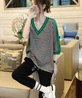 Striped V-Neck T-Shirt Womens Casual Seven-Point Sleeve Stitching Loose Large Size Coat European Summer 2022 New European Station