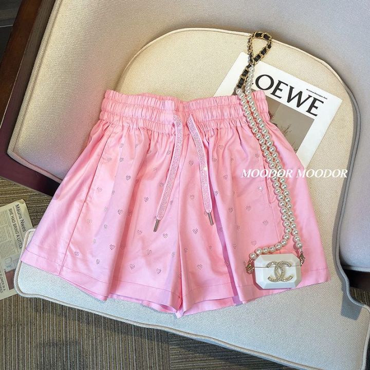 dopamine-wear-heavy-duty-hot-drilling-love-high-waist-a-shaped-wide-leg-pants-high-waist-candy-colored-age-reducing-shorts-womens-summer-new-five-point-pants