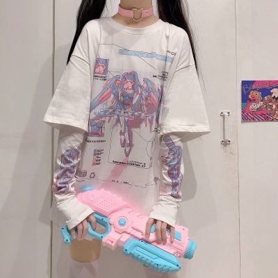 [เครื่องจักร] ความยาวไหล่ลดลง T. เสื้อญี่ปุ่นสีขาวหลวม. สาวหวานน่ารัก. การ์ตูนสองมิติแขนสั้นJK