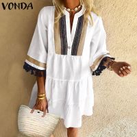 VONDA Women Half Sleeve Loose Ethnic Tassels Cotton Midi Dress