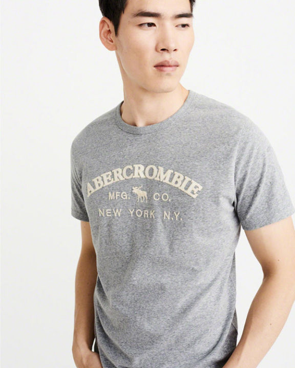 abercrombie-fitch-เสื้อยืดผ้าฝ้ายพิมพ์โลโก้ของผู้ชายแขนสั้นแบบหลวม