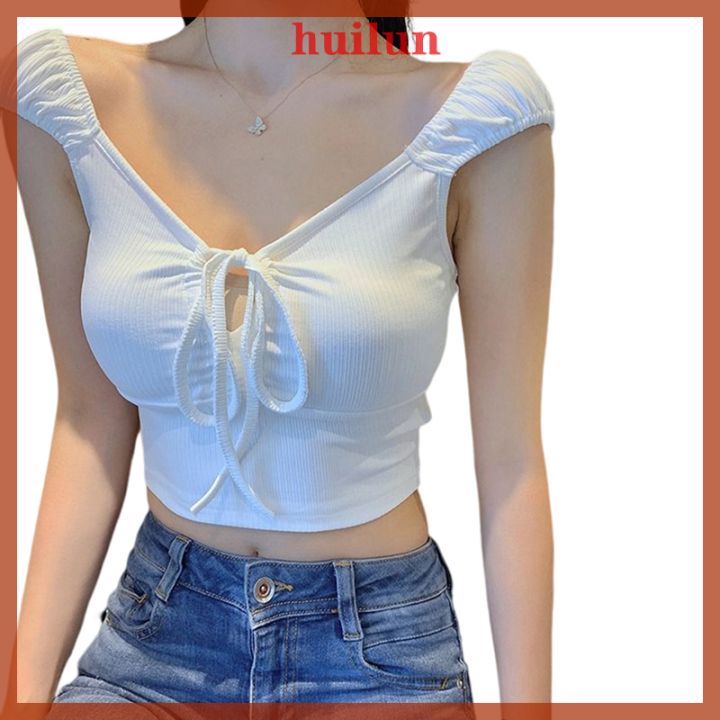 huilun-เสื้อ-y2k-เทรนด์ผู้หญิงเสื้อสั้นแบบสตรีทแวร์ไฮสตรีทเสื้อแบนเดจเสื้อยืดแขนสั้นพัฟ