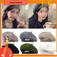 SURRIP FASHION อบอุ่นและอบอุ่น หมวกสำหรับจิตรกร ถักนิตติ้ง สีทึบทึบ หมวกเบเร่ต์ถัก วินเทจ ตุ๊กตาผ้าพลัฌ หมวกด้ายขนสัตว์ สำหรับผู้หญิง