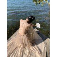 Beige posed pictures adjustable positive and negative two white gauze in the seaside holiday wind sexy backless dust dress