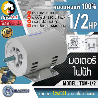 🇹🇭 THAISIN 🇹🇭 มอเตอร์ไฟฟ้า รุ่น TSM-1/2 (ไทยสิน) กำลังไฟ 220V. 1/2HP ความเร็วรอบ1440 RPM มอเตอร์ไฟฟ้า จัดส่ง KERRY 🇹🇭