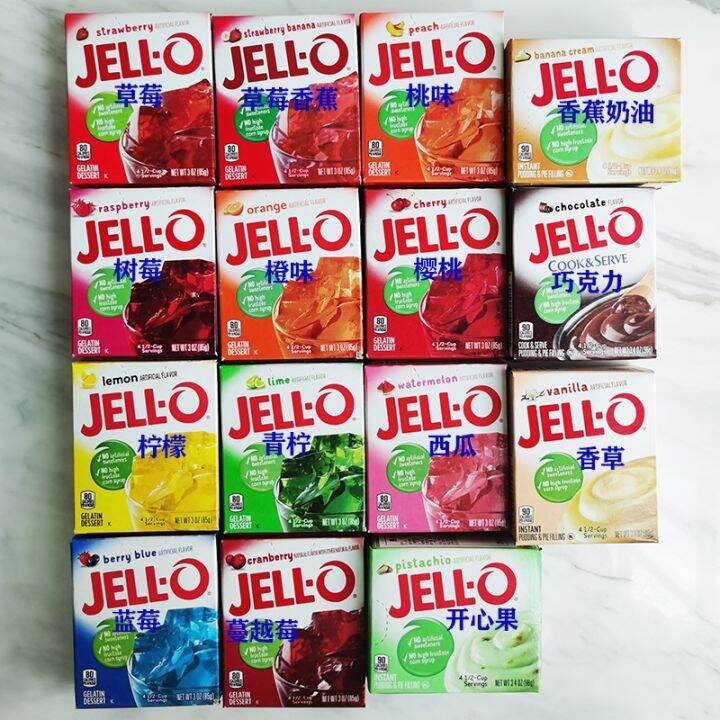 American Jello a variety of fruitflavored transparent jelly powder