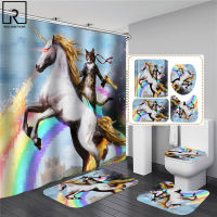 Cat Riding A Unicorn 3D Print Shower Curtain with Hook Set Polyester Waterproof Bathroom Curtains Toilet Partition WC Bath Rugs