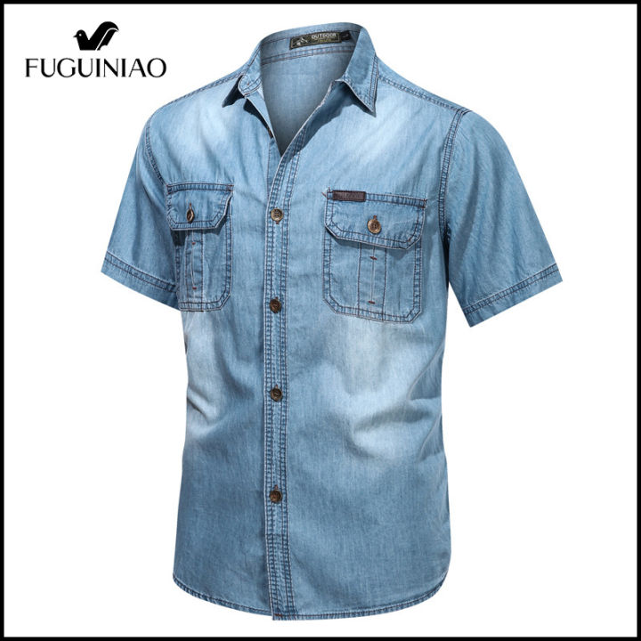 fuguiniao-เสื้อเชิ้ตฝ้ายบริสุทธิ์ฤดูร้อนผู้ชาย-สำหรับเสื้อเชิ้ตเดนิมของบุรุษเสื้อเชิ้ตลำลองมีกระเป๋าหลายจุดเสื้อยีนส์