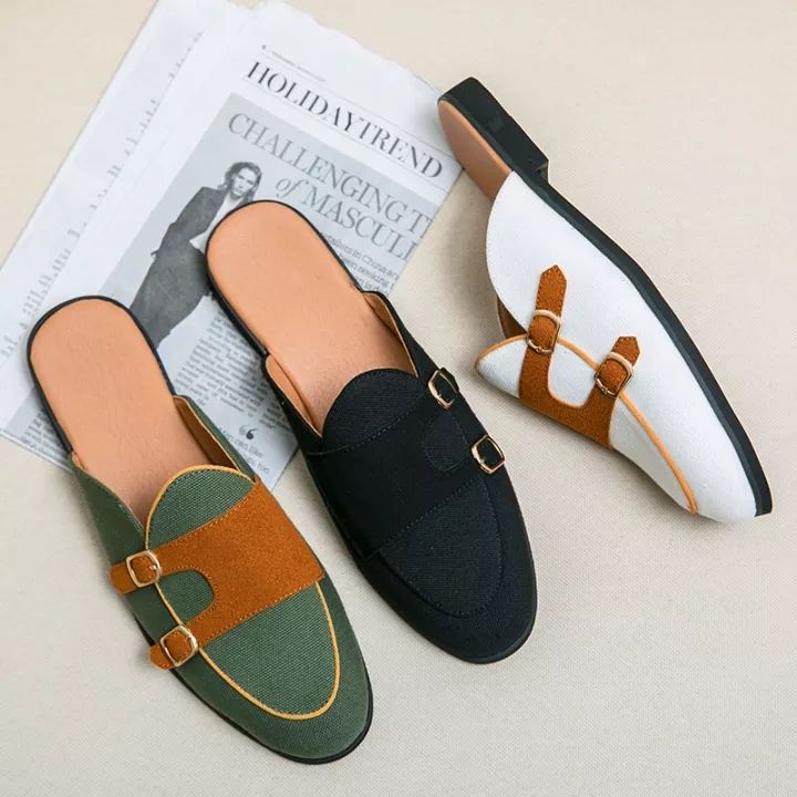 EIFAK Half for Men Summer Casual Half Shoes Flat Leather Shoes Formal Pointed Toe Leather Sandals Slippers Backless Slip on Mules Bukle Loafers Open Back Mocassins Korean Fashion