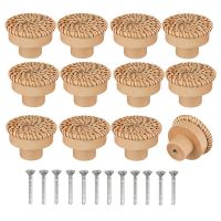 Boho Rattan Dresser Knobs Round Wooden Drawer Knobs Handmade Wicker Woven and Screws for Boho Furniture Knobs 24Pcs