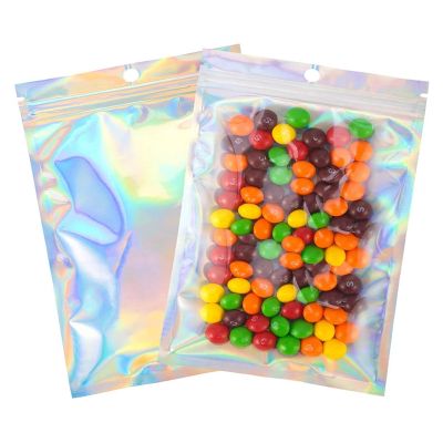 100 Pcs Holographic Bags Resealable Sealed Bags for Party Favor Food Storage(Holographic Color, 4X6 Inch and 7X10 Inch)