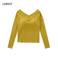 LORIOT เสื้อยืดยกทรงยางรัดรูปสำหรับผู้หญิงเสื้อครอปเสื้อยืด SA1375เกาหลีลำลองเซ็กซี่คอยาวแขนเสื้อ