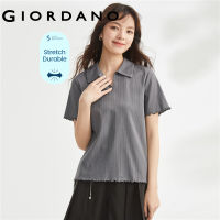 GIORDANO ผู้หญิง Sorona ยืดถักไม้หูด้านข้างปกรูปตัววีแขนสั้นโปโล Free Shipping 05313393