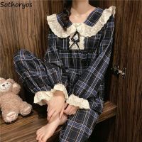 【JH】Women Long Sleeve Plaid Pajama Sets Sweet Princess Lace Turn Down Collar Cute Sleepwear Korean Lounge Two Pieces Pyjamas Female