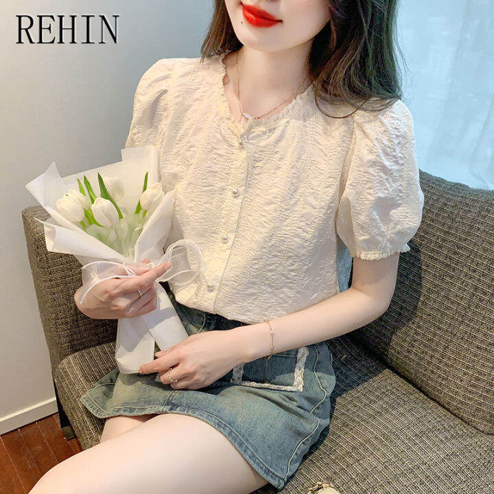 rehin-ลูกไม้สั้นสไตล์เกาหลีแบบใหม่ฤดูร้อนเสื้อชีฟองการออกแบบพิเศษเฉพาะเสื้อสตรี