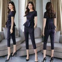 COD High-end fried street suit womens summer clothes new fashion fashionable young waist slimming striped professional two-piece set