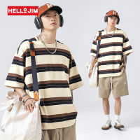 เสื้อยืดสำหรับผู้ชายลายทาง HELLO JIM เสื้อยืดโอเวอร์ไซส์ผ้าฝ้ายสำหรับใหม่ผู้ชาย K1812