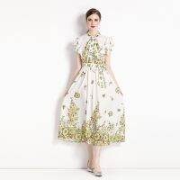 Summer New Neckline Lace-up Design Flying Sleeves Long Personalized Retro Printing a-Word Dress