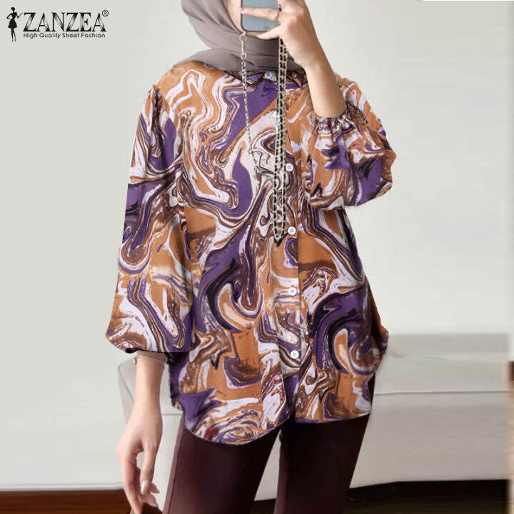 สินค้ามาใหม่-จัดส่งฟรี-fancystyle-zanzea-เสื้อผู้หญิงมุสลิมลำลอง-เสื้อมีปกแบบมีกระดุมเสื้อลายพิมพ์เรียบง่าย