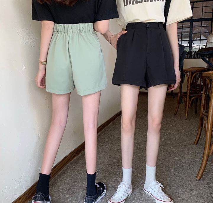 พร้อมส่ง-ล้างสต๊อก-fashion-shorts-กางเกงขาสั้นแฟชั่น-5610-กางเกงสีพื้น-เอวสูง-สม็อคหลัง-ทรงหลวม-วินเทจ