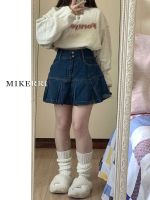 ♘☇ High-waisted pleated denim skirt womens summer plus size fat mm cover belly thin pear-shaped figure retro a-line skirt