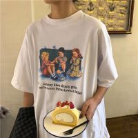 HAHAYULE-JBH 2020 new retro American loose medium and long style couples wear white base student short sleeve T-shirt dress