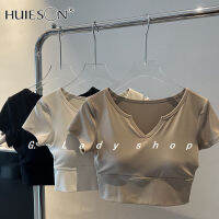 【Huieson】เสื้อแขนสั้นแขนสั้น,เสื้อชานมครึ่งแขนเสื้อครอปเสื้อโยคะมีแผ่นอก