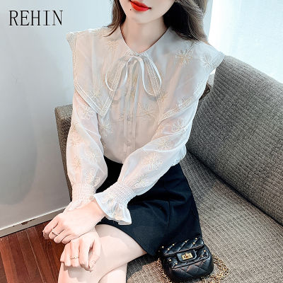 REHIN ผู้หญิงฤดูใบไม้ร่วงใหม่ฝรั่งเศสแฟชั่นปักตุ๊กตาคอยาวแขนเสื้อ Flared แขน Ruched Cuffs เสื้อ Elegant