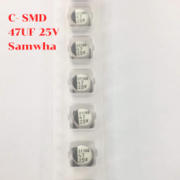 47UF 25V Capacitor SMD. ยี่ห้อ Samwha ตัวเก็บประจุ คาปาซิเตอร์ อลูมิเนียม อะไหล่ECU กล่องECU SMD อลูมิเนียม Electrolytic Capacitor อะไหล่อิเล็กทรอนิกส์