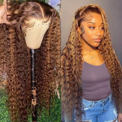 【jw】✳◆♗ 30 Inch Honey Curly Front Human Hair Wigs 13x6 13x4 Ombre Colored Deep Frontal Wig