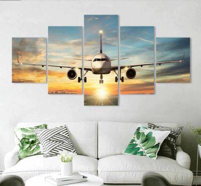 Breath-Taking เครื่องบิน Sunset Flying Sky ผ้าใบพิมพ์ภาพ Wall Art Home Decor 5แผง HD พิมพ์5ชิ้น Room Decor ภาพวาด